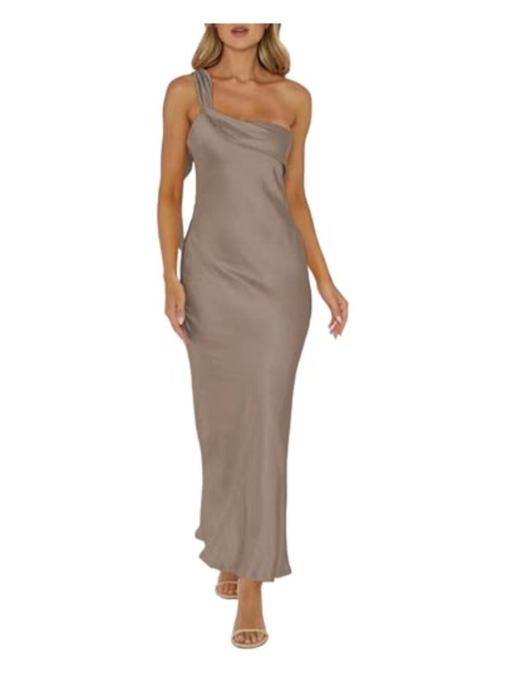 Satin One Shoulder Maxi Dress Backless Ruffle Women's Wedding Guest Formal